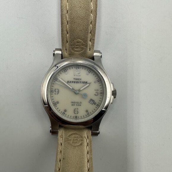 Timex Expedition Watch Women Silver Tone Beige Leather Band Indiglo New Battery - Picture 3 of 14